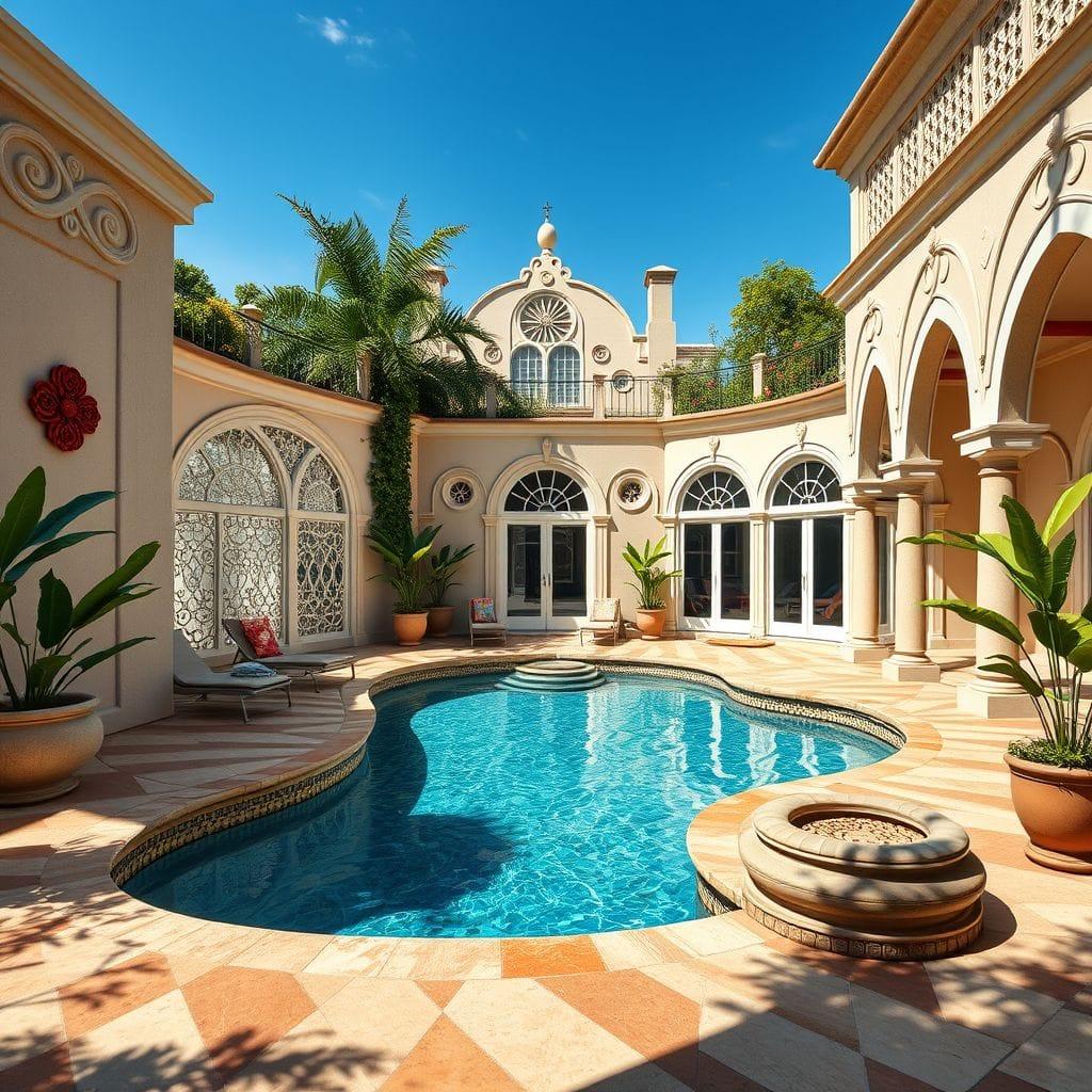 Art Nouveau outdoor pool area - AI Generated