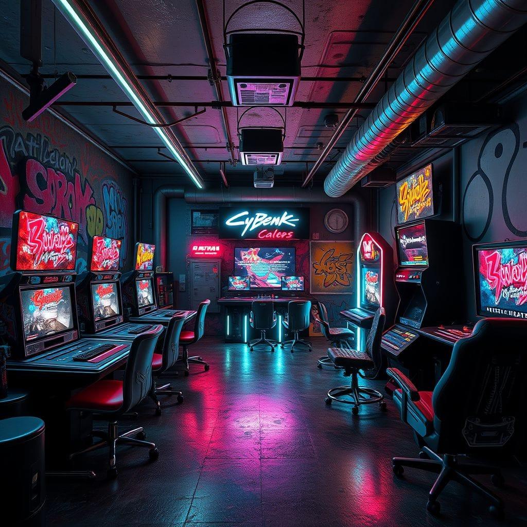 Cyberpunk game room - AI Generated