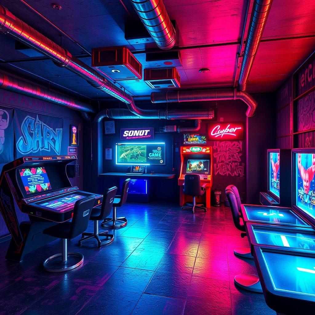 Cyberpunk game room - AI Generated