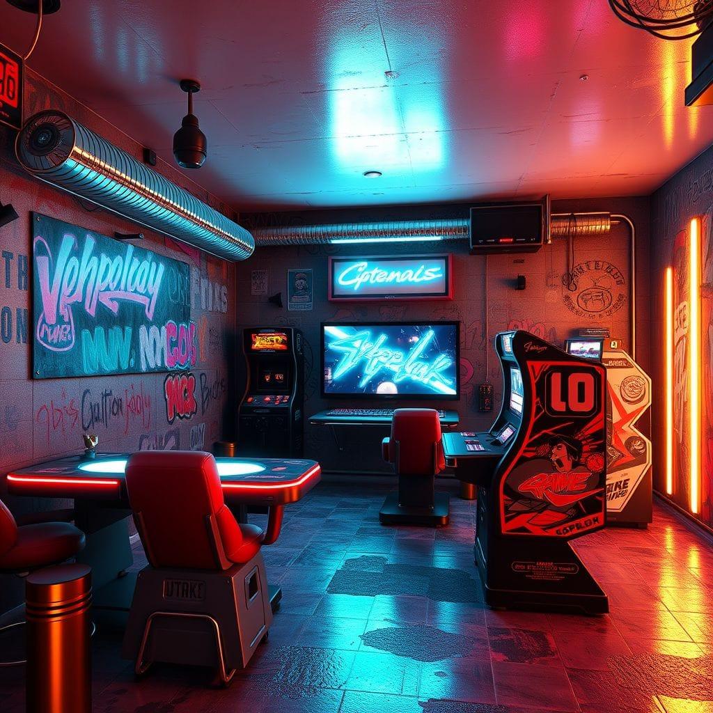 Cyberpunk game room - AI Generated