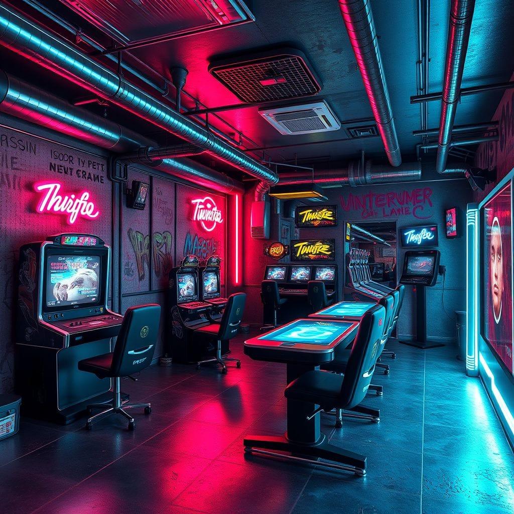 Cyberpunk game room - AI Generated