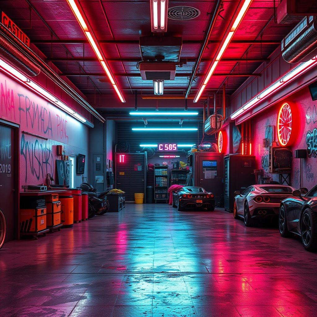 Cyberpunk garage - AI Generated