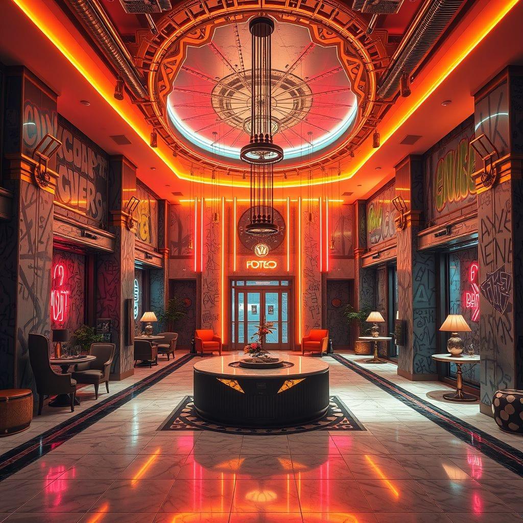 Cyberpunk hotel lobby - AI Generated