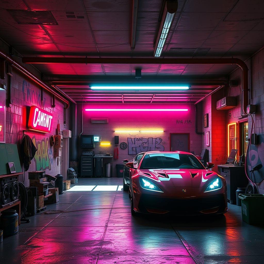 Cyberpunk outdoor garage - AI Generated