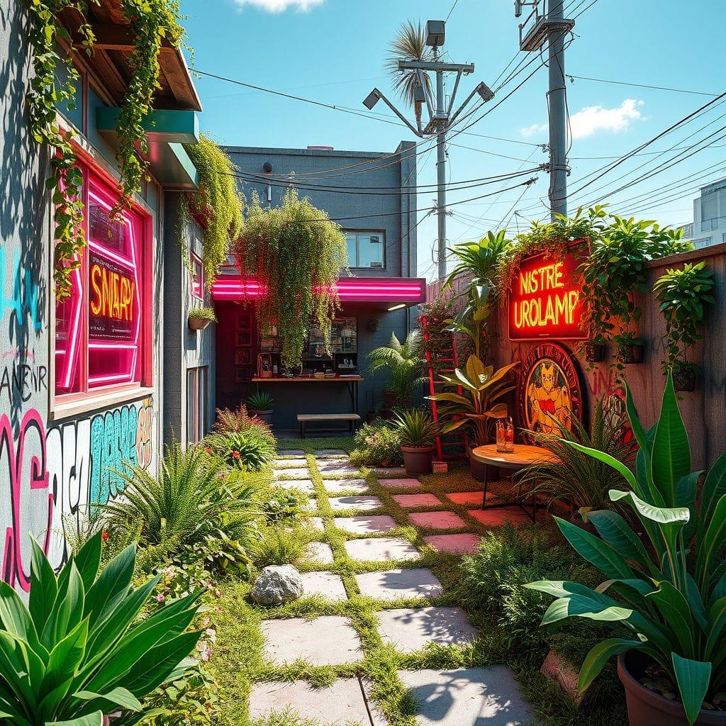 Cyberpunk outdoor garden - AI Generated