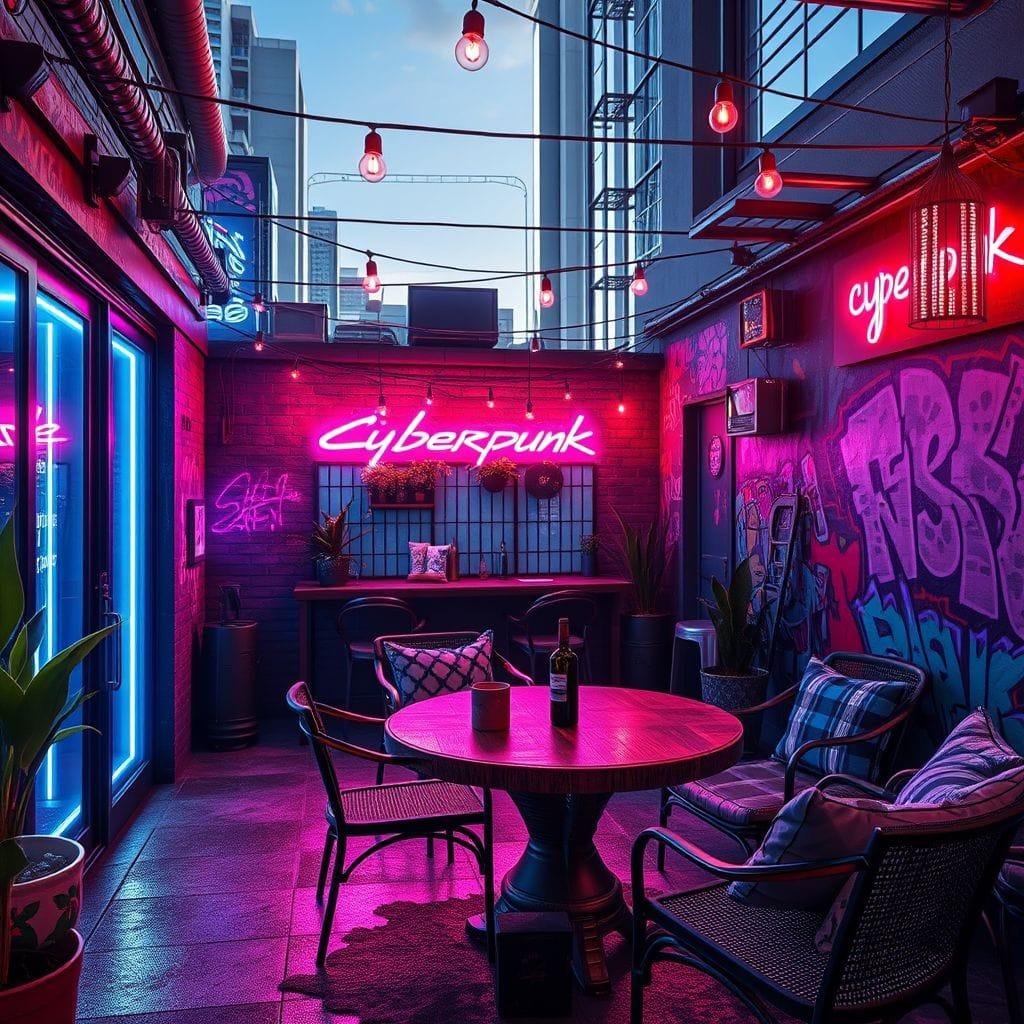 Cyberpunk outdoor patio - AI Generated