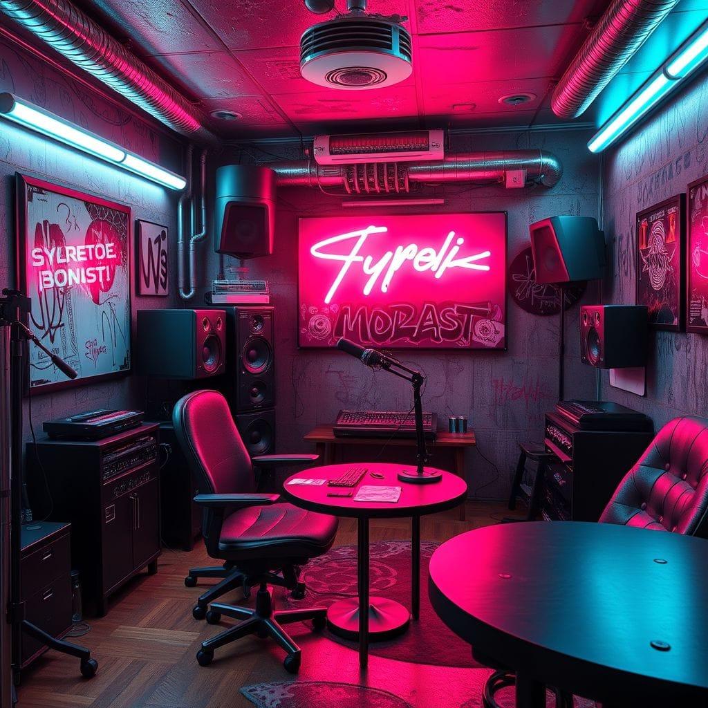 Cyberpunk podcast studio - AI Generated
