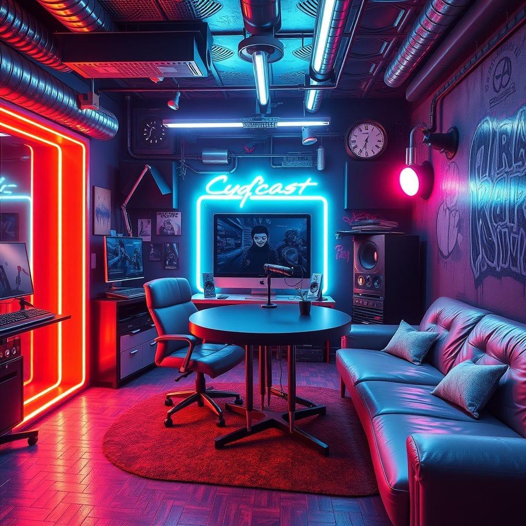 Cyberpunk podcast studio - AI Generated