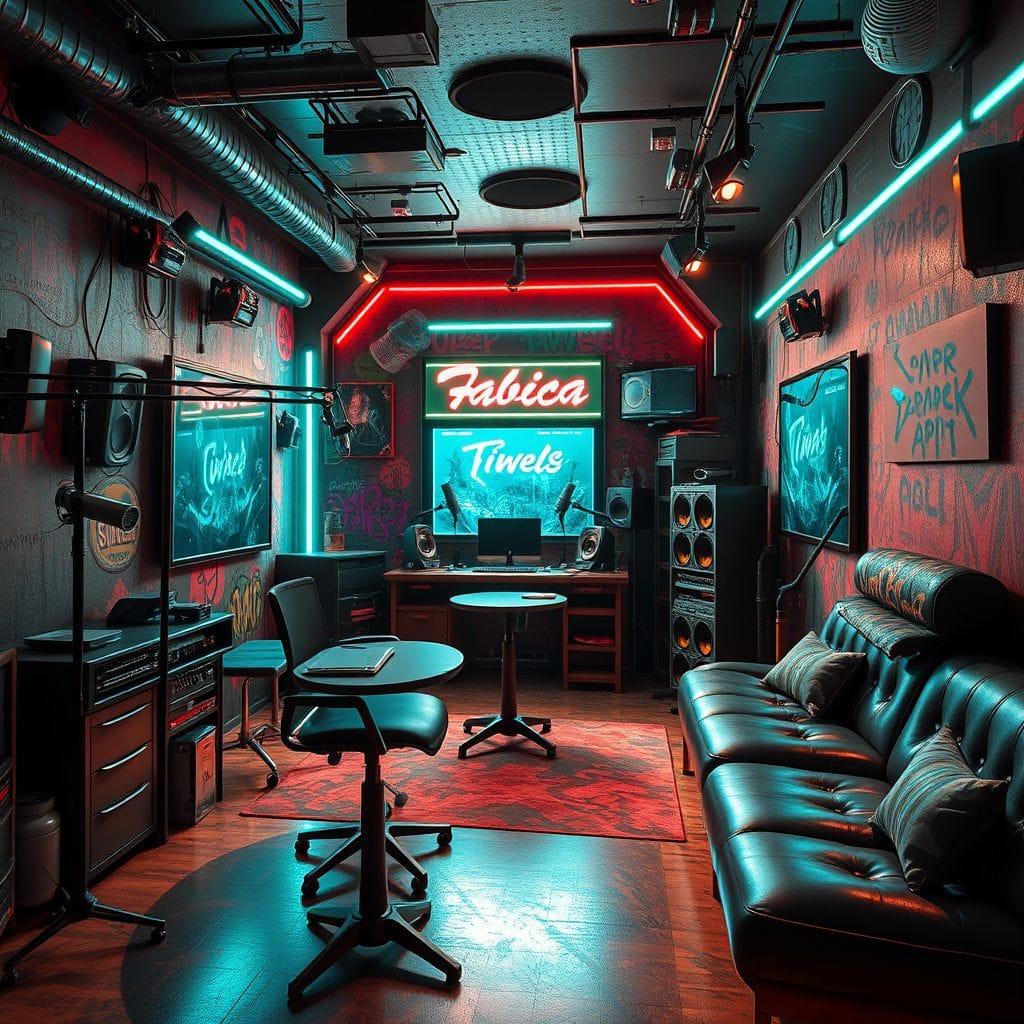 Cyberpunk podcast studio - AI Generated