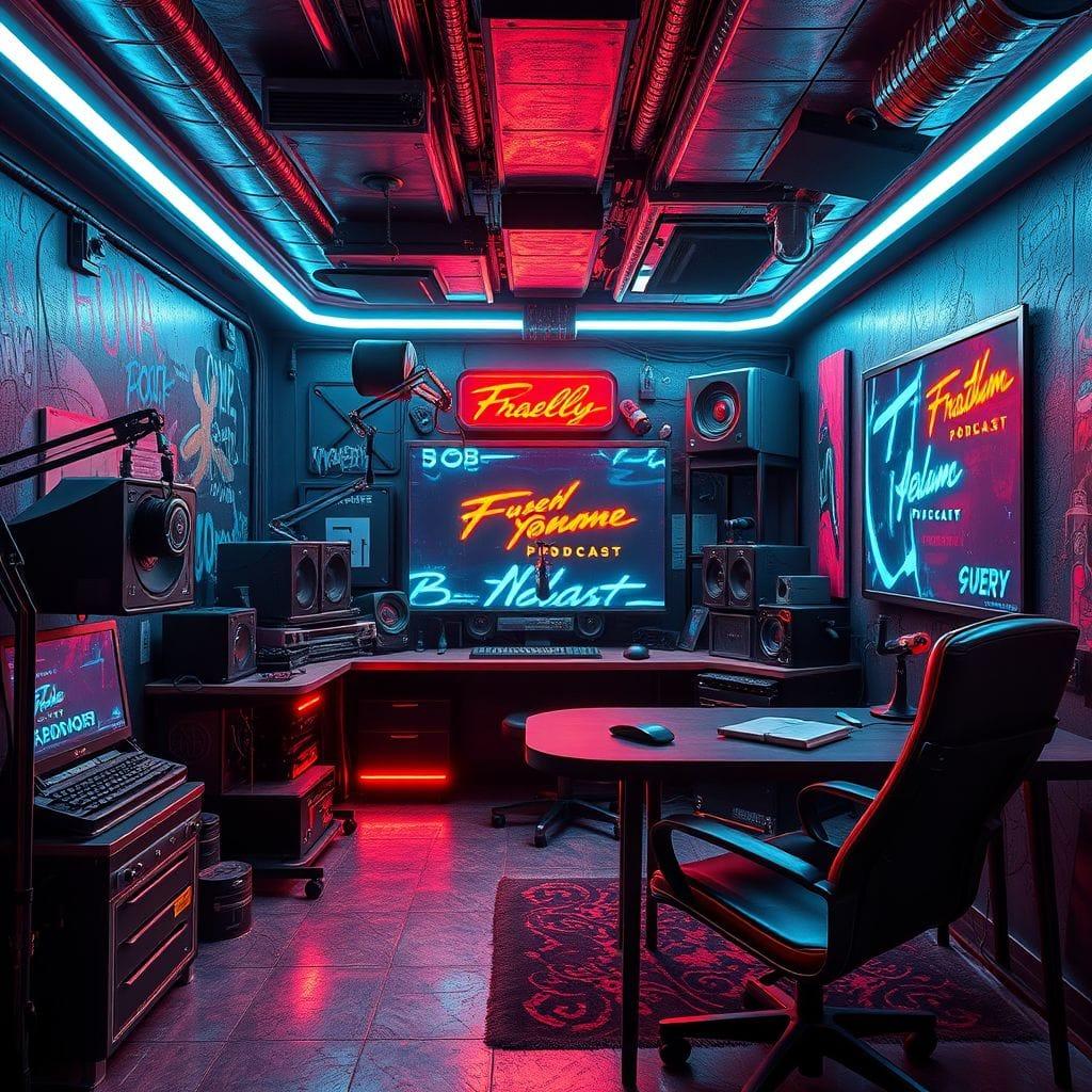 Cyberpunk podcast studio - AI Generated