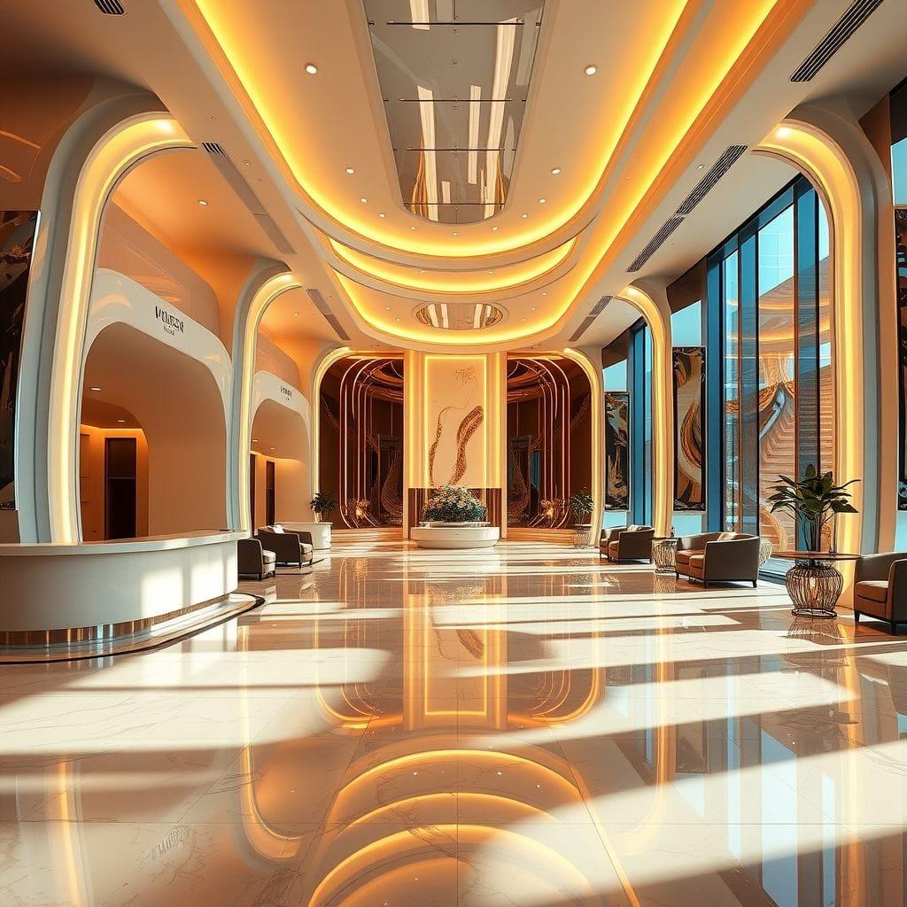 Futuristic hotel lobby - AI Generated