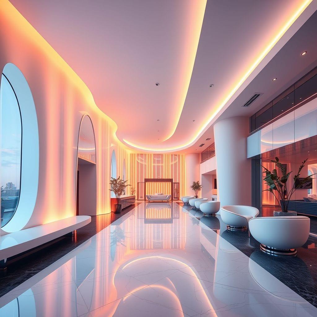 Futuristic hotel lobby - AI Generated