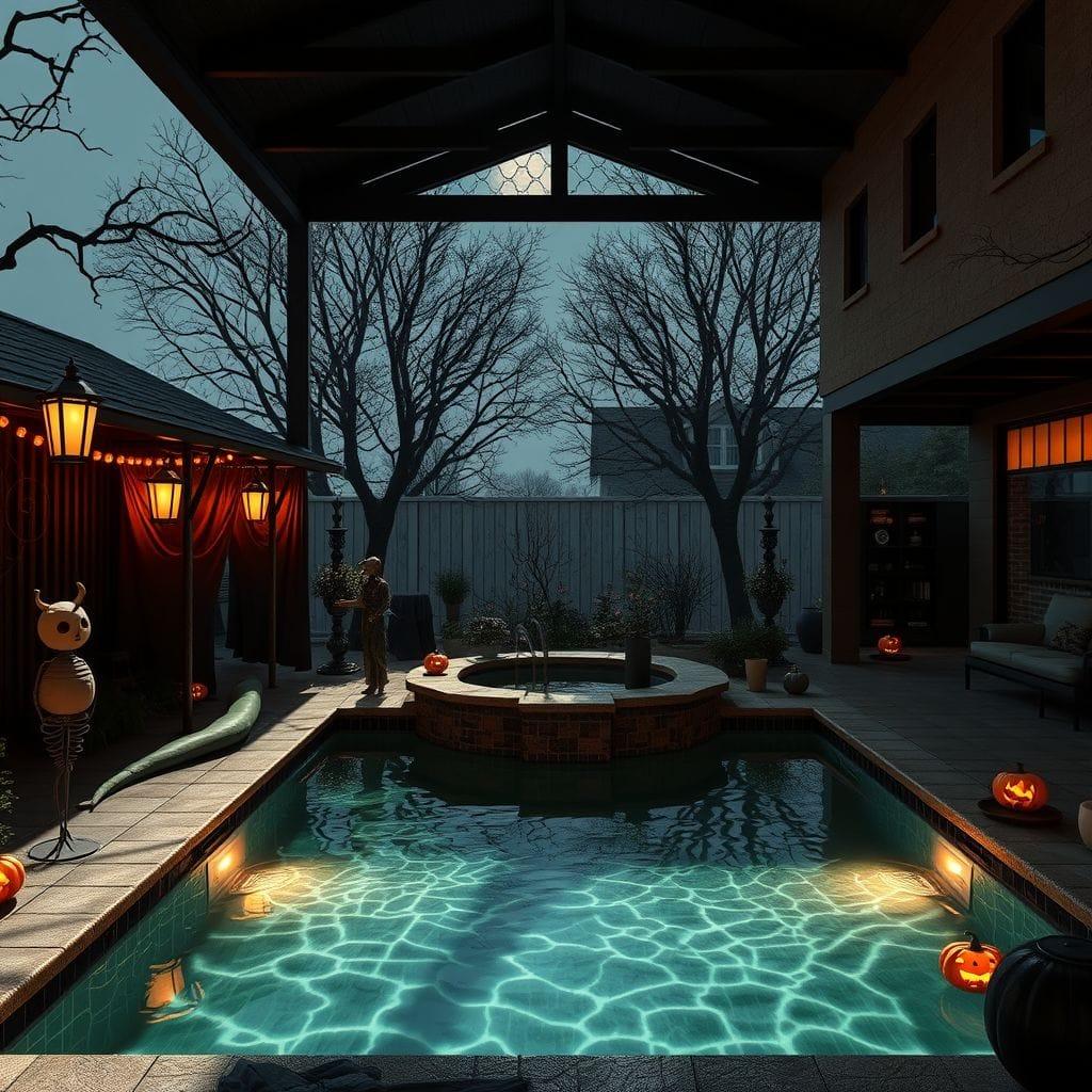 Halloween outdoor pool area - AI Generated