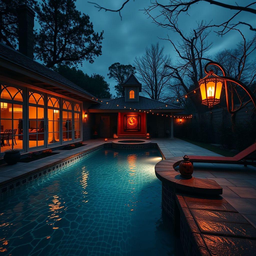 Halloween outdoor pool area - AI Generated