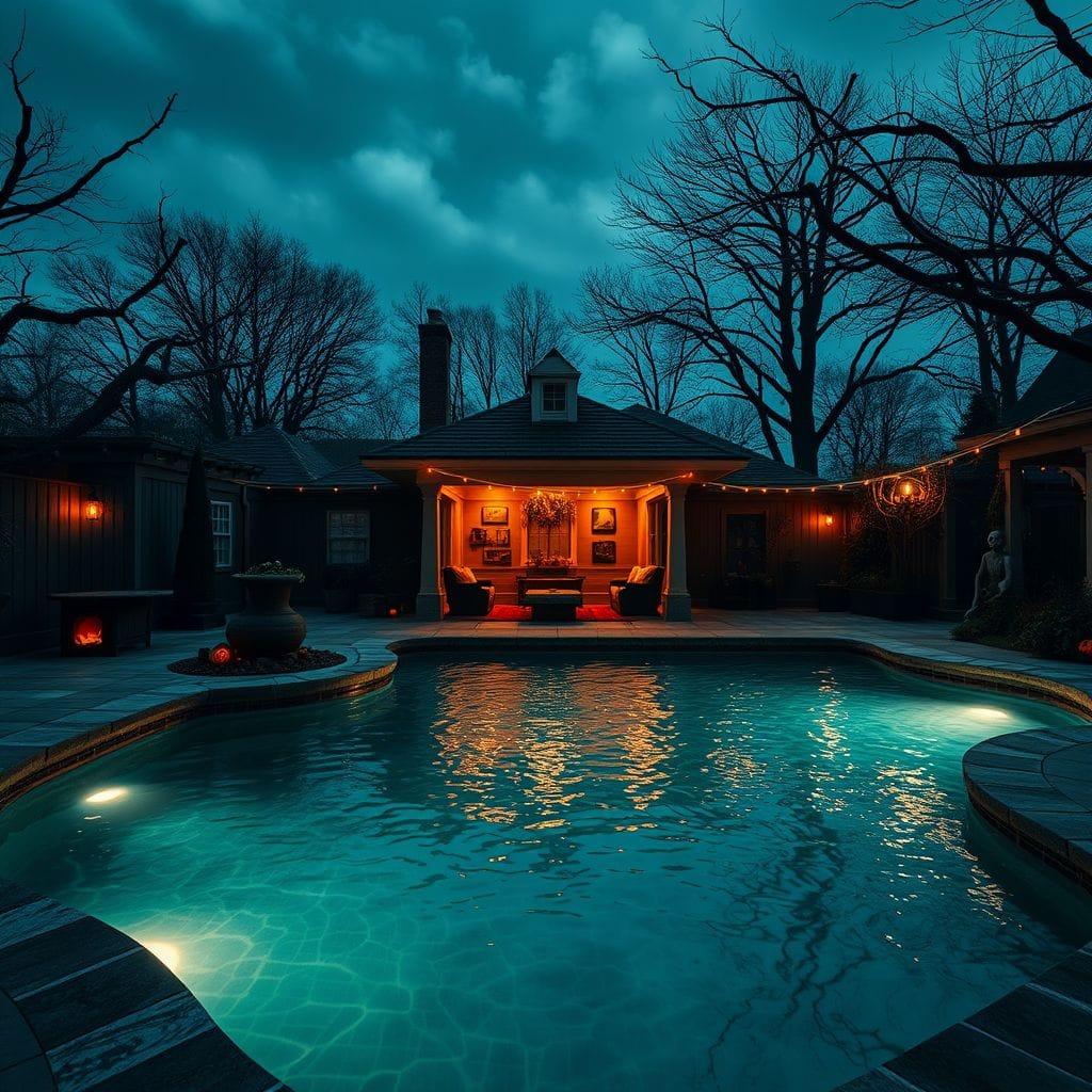 Halloween outdoor pool area - AI Generated