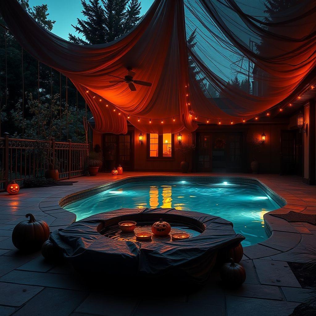 Halloween outdoor pool area - AI Generated