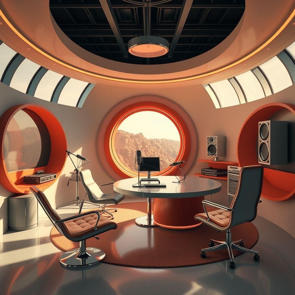 Retro Futuristic podcast studio - AI Generated