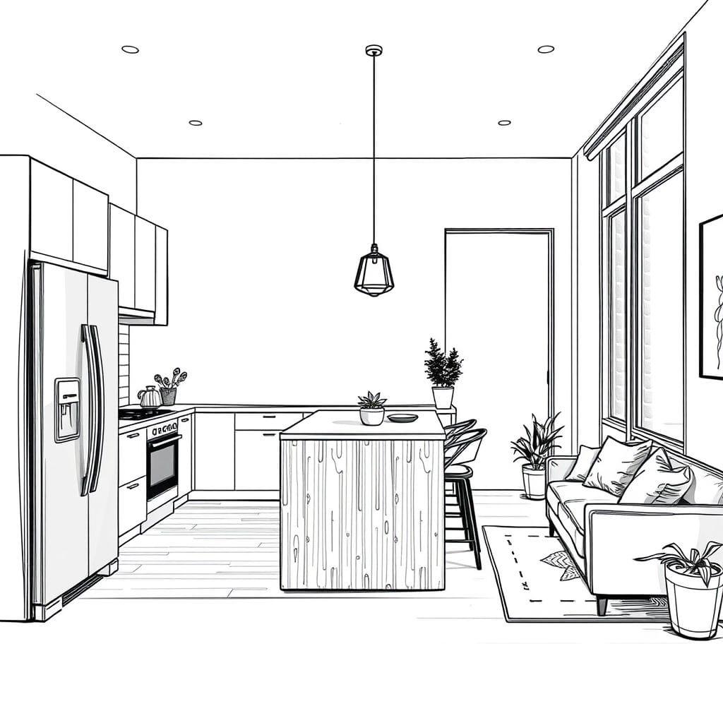 Sketch kitchen living combo - AI Generated