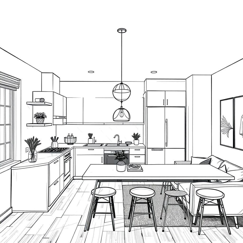 Sketch kitchen living combo - AI Generated
