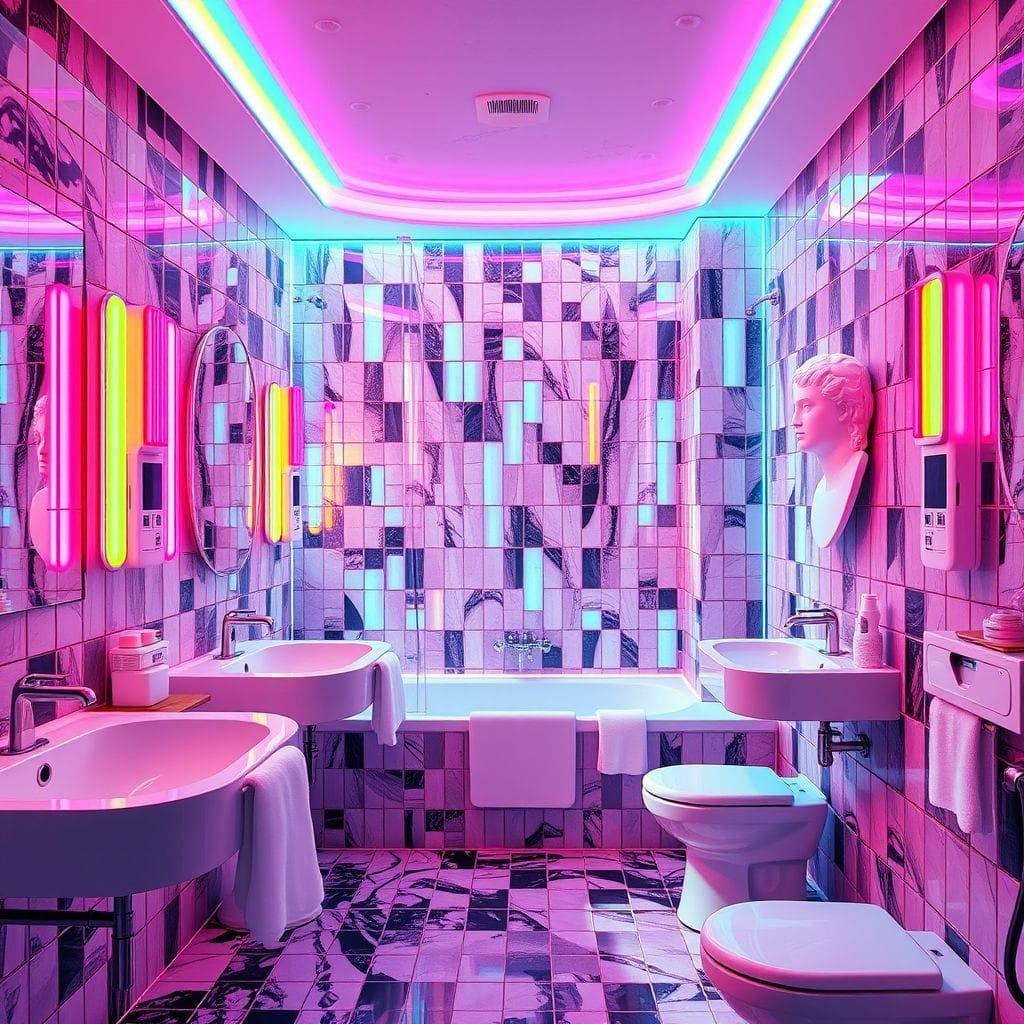 Vaporwave hotel bathroom - AI Generated