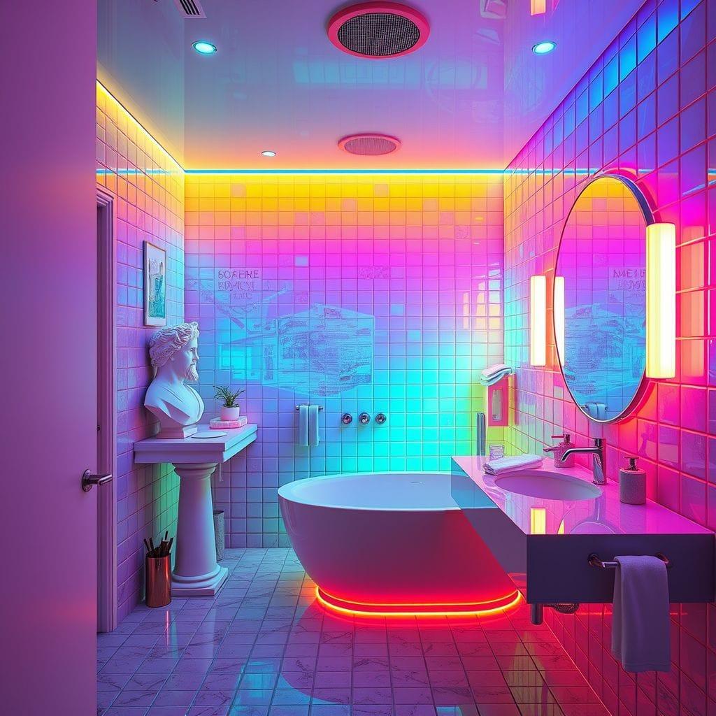 Vaporwave hotel bathroom - AI Generated