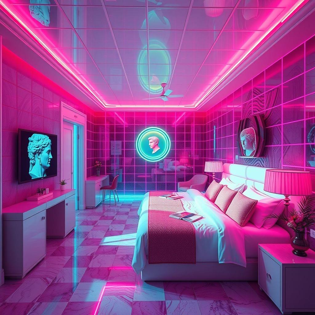 Vaporwave hotel room - AI Generated