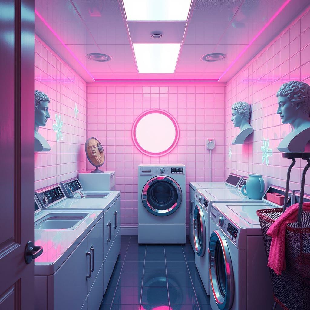 Vaporwave laundry room - AI Generated