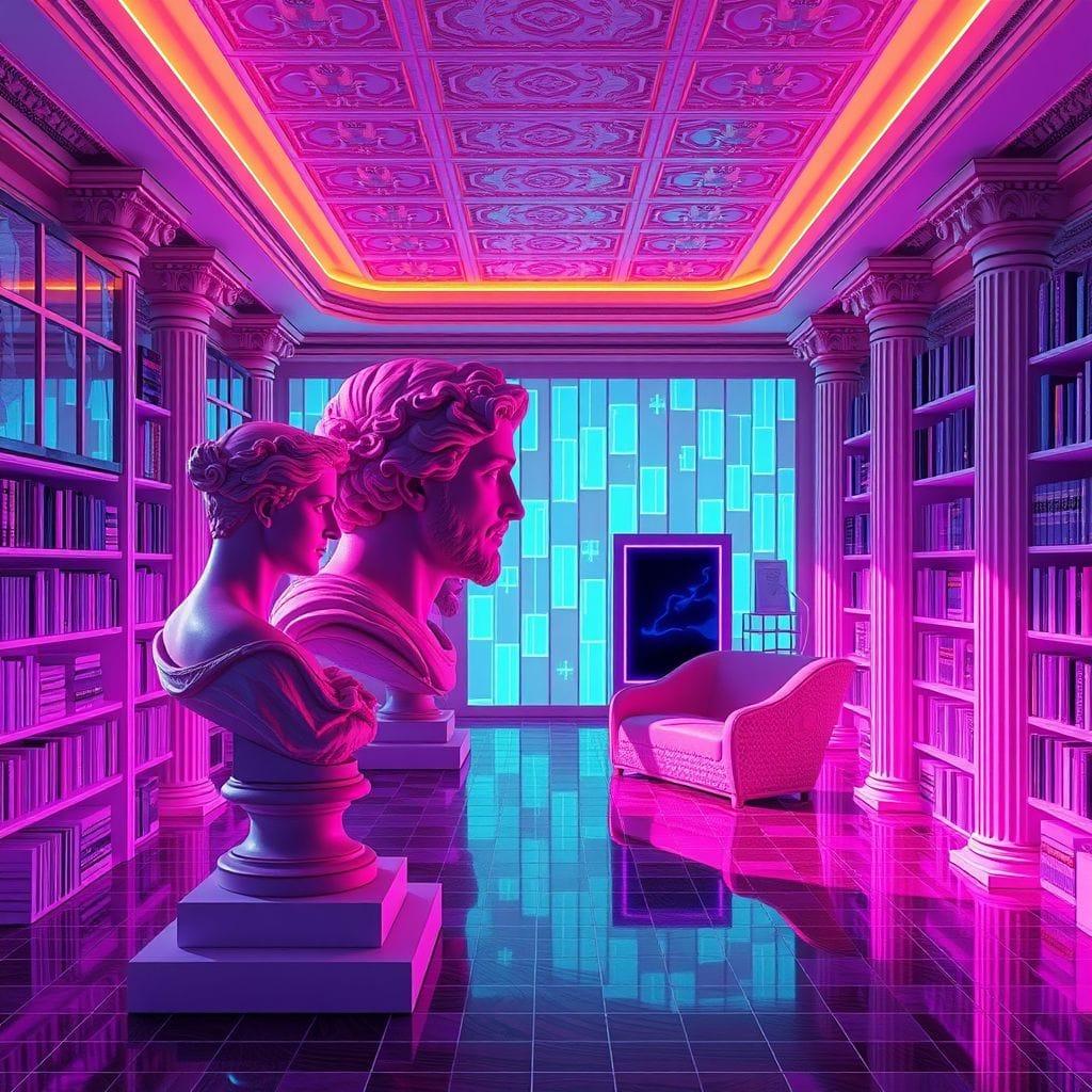 Vaporwave library - AI Generated