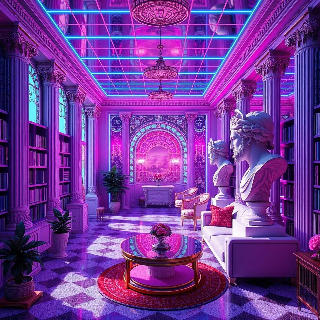 Vaporwave library - AI Generated