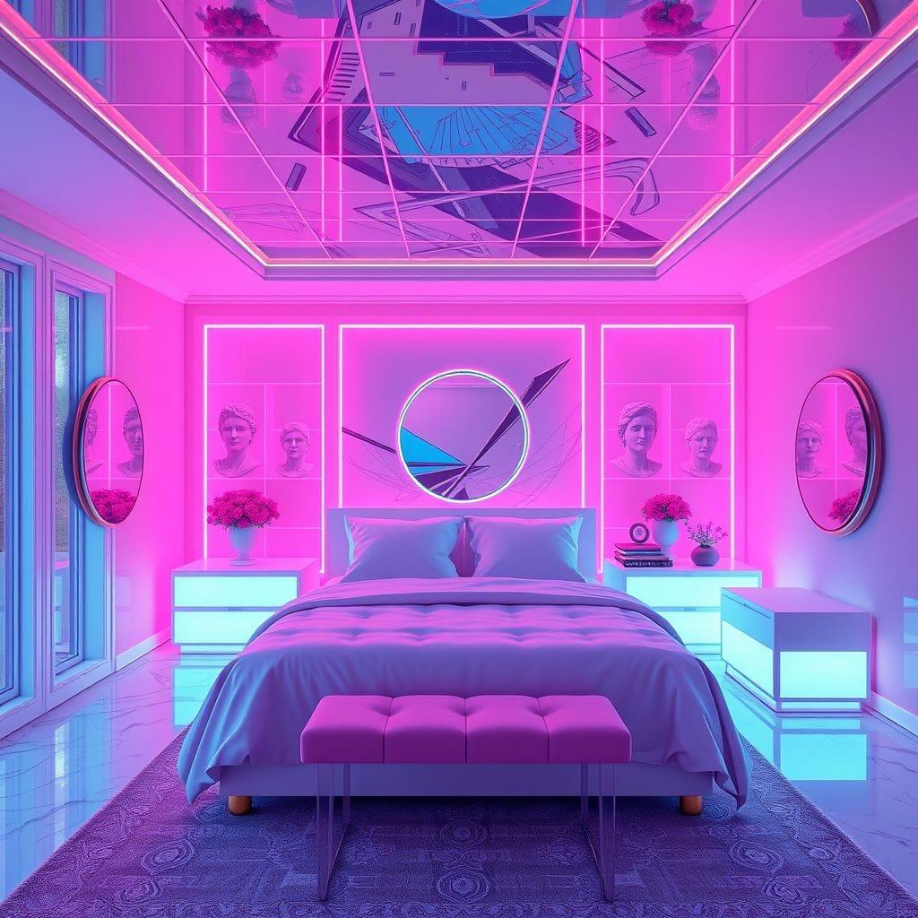 Vaporwave master bedroom - AI Generated