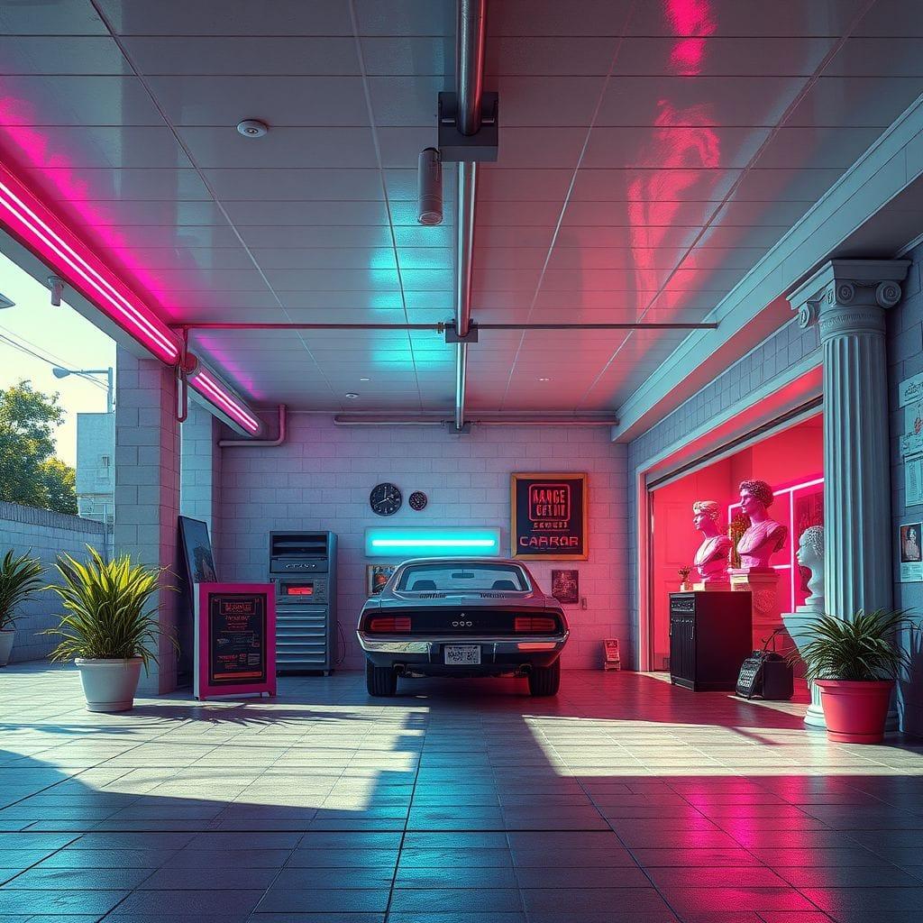 Vaporwave outdoor garage - AI Generated