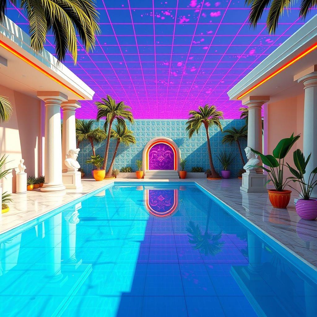 Vaporwave outdoor pool area - AI Generated
