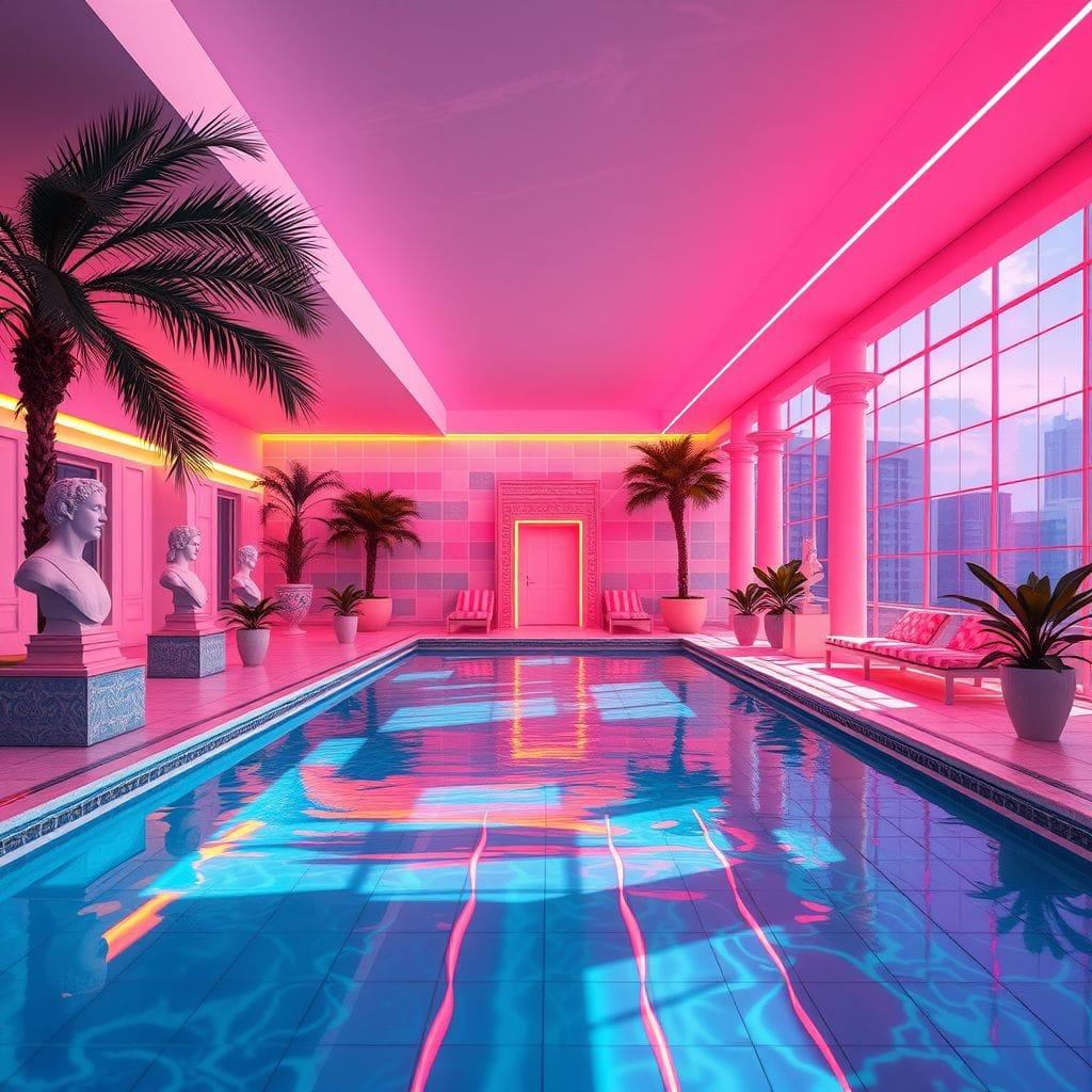 Vaporwave outdoor pool area - AI Generated
