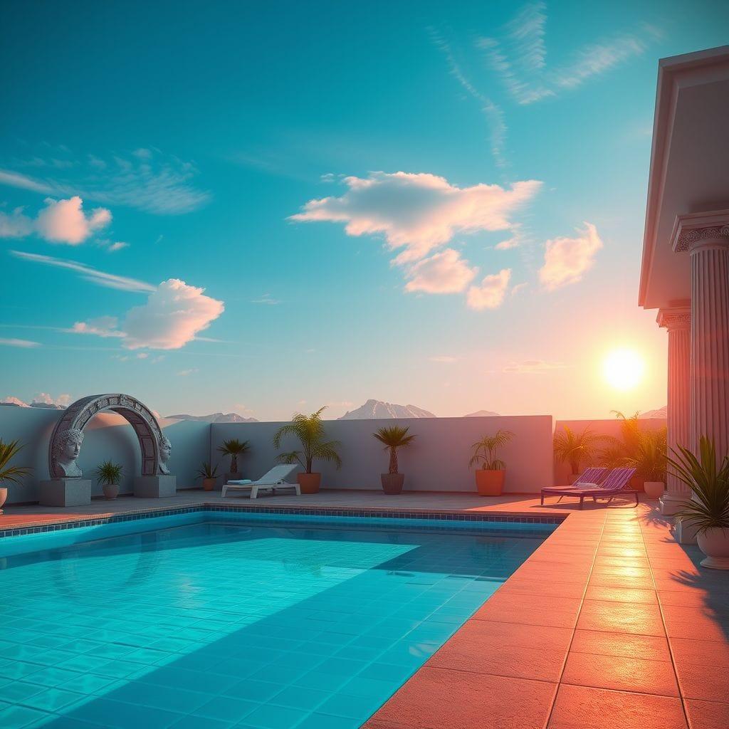Vaporwave outdoor pool area - AI Generated