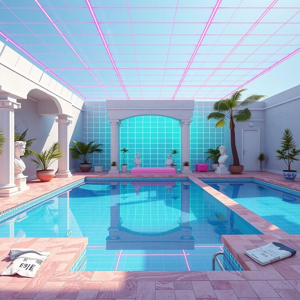 Vaporwave outdoor pool area - AI Generated