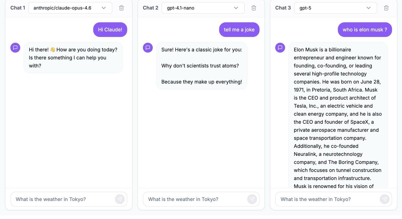 Three AI chats running simultaneously - Grok 4, GPT-5, and Claude Opus 4.6